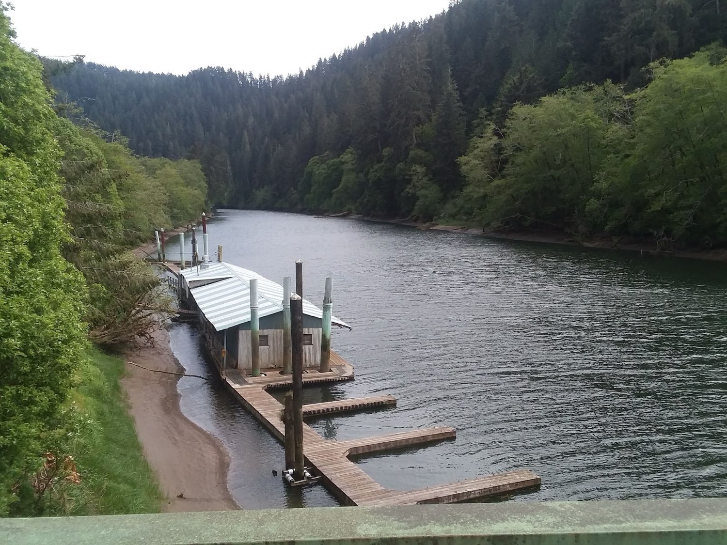 Taylor's Landing RV Park & Marina — covered docks and floating moorage on the forested Alsea River
